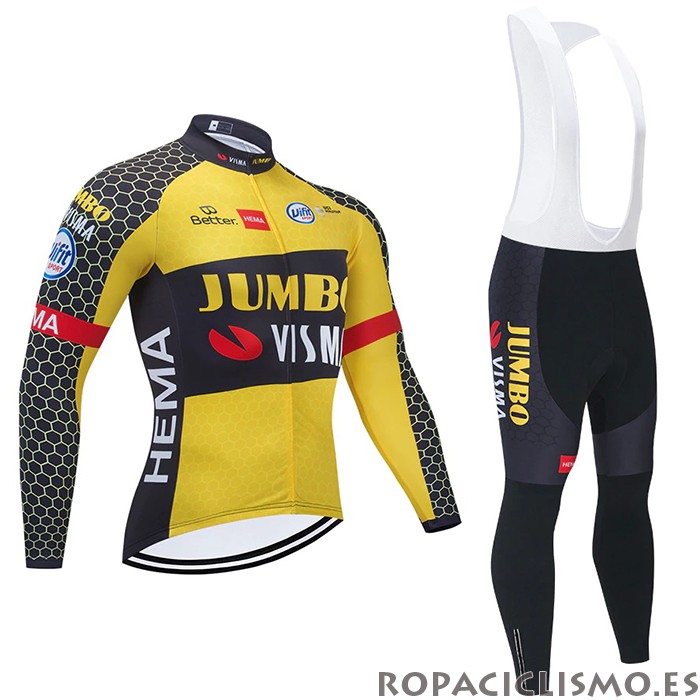 2021 Maillot Jumbo Visma Tirantes Mangas Largas Amarillo Negro